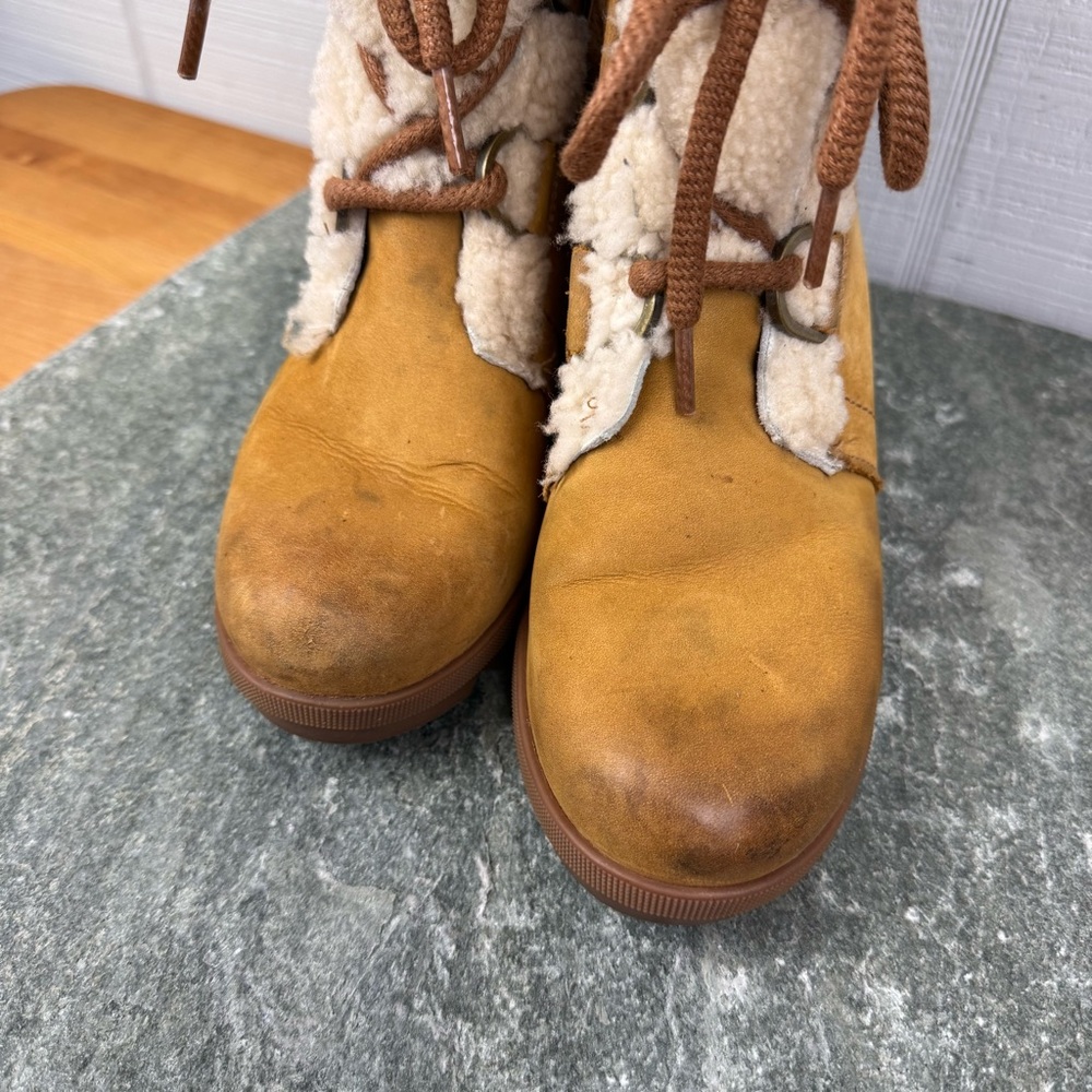 Sorel Joan of Arctic Wedge II Shearling Lined Heeled Boots Camel Lace Up Leather - Picture 4 of 9